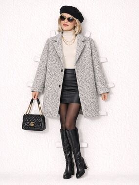 LUSH wool blend bouclé long women's coat gray size M quiet luxury minimalist